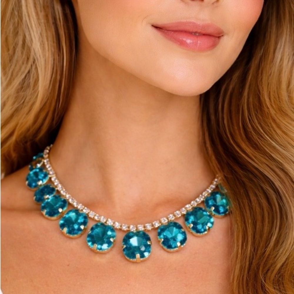 Turquoise Statement Necklace Gold Rhinestone Faux Gem Collar Necklace